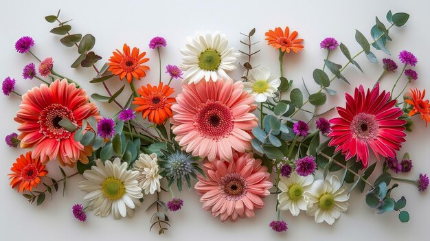 Vibrant Assortment of Fresh Spring Flowers Laid Out in an Artistic Floral Display on a White