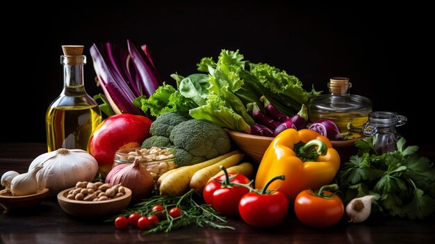 A vibrant assortment of fresh vegetables fruits and cooking oils