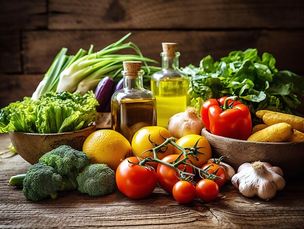 Vibrant Assortment of Fresh Vegetables and Fruits on Table Enhanced by Generative AI