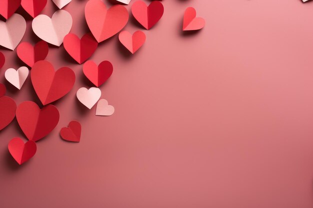 A vibrant assortment of paper hearts in various sizes colors and patterns neatly laid out on a gentle pink backdrop Valentines Day or Appreciation theme with paper craft hearts AI Generated