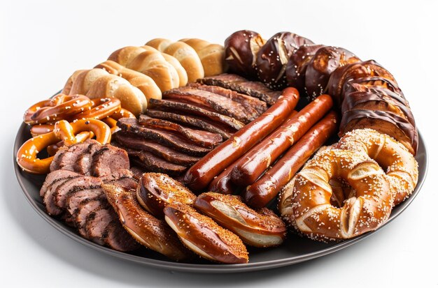 Яркий ассортимент традиционных немецких колбас, кренделей и хлеба на круглой тарелке для празднования Октоберфеста