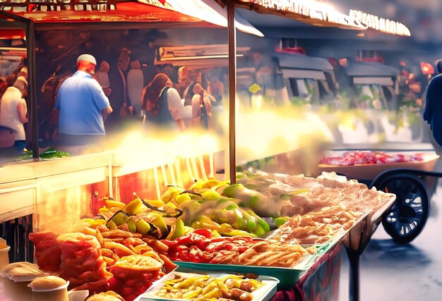 the vibrant atmosphere of a bustling street food market