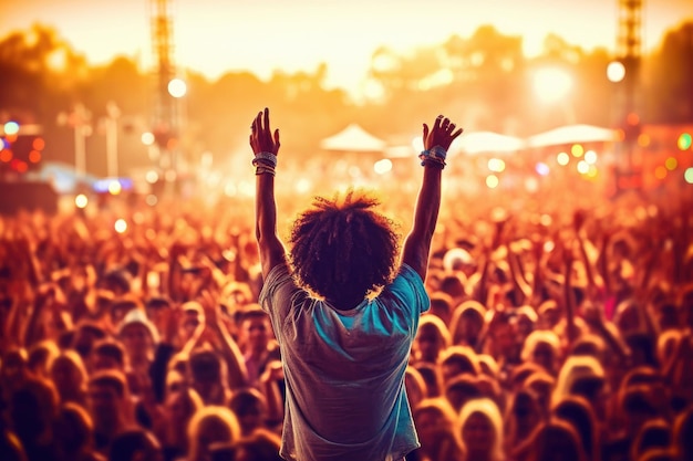 The vibrant atmosphere of a music festival with a crowd of enthusiastic fans cheering for their favorite band Generative AI