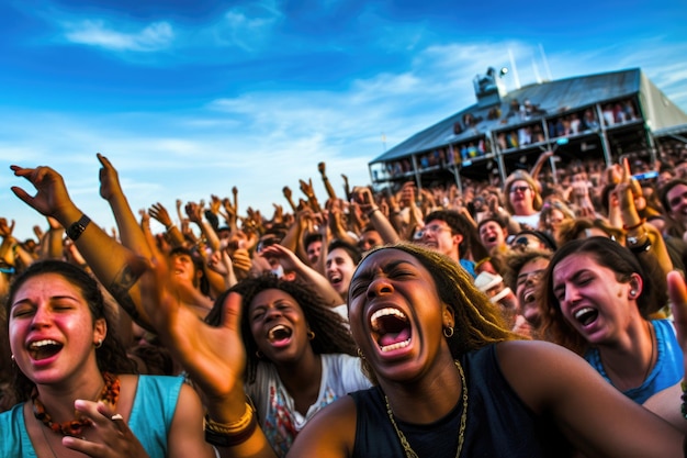 The vibrant atmosphere of a music festival with a crowd of enthusiastic fans cheering for their favorite band Generative AI