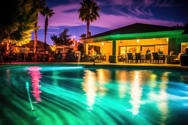 The vibrant atmosphere of a poolside party illuminated by colorful lights in a dynamic photo Generative AI