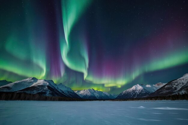 Vibrant aurora borealis over snowy peaks