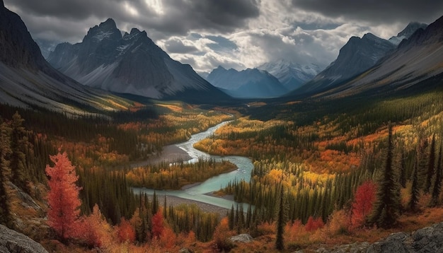 Яркие осенние цвета украшают величественный горный пейзаж, созданный искусственным интеллектом