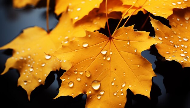 Vibrant autumn colors reflect on wet maple tree branches generated by artificial intelligence