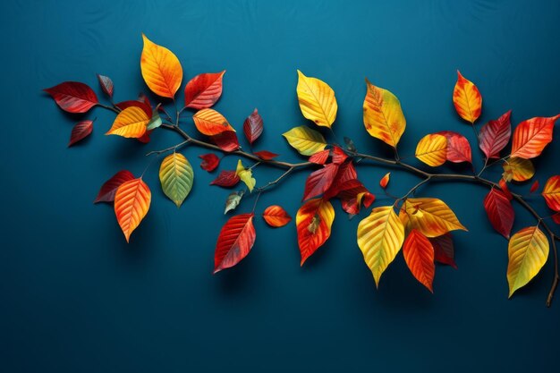 Vibrant autumn foliage a kaleidoscope of colorful yellow green and red leaves against a serene bl