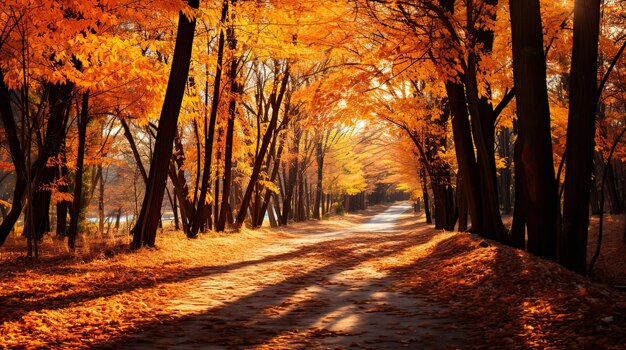 Vibrant Autumn Forest Colors Golden Orange Red Leaves Create Picturesque Scene Generative AI