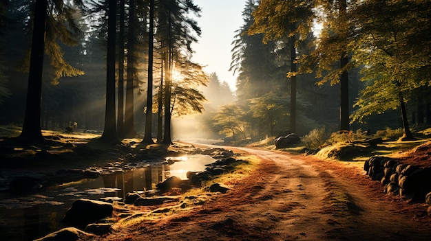 Живой осенний лес, освещенный ярким солнечным светом и таинственным