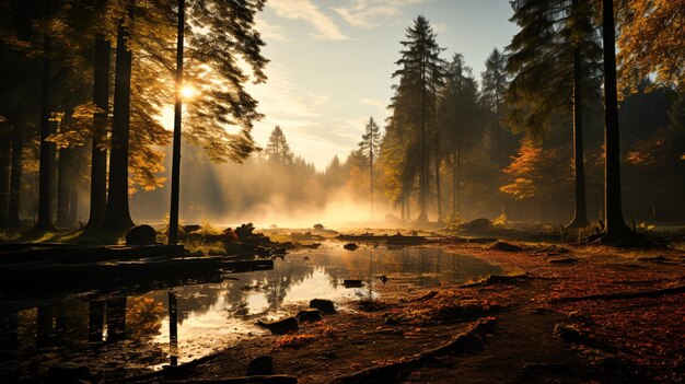 Vibrant autumn forest illuminated by bright sunlight and mysterious