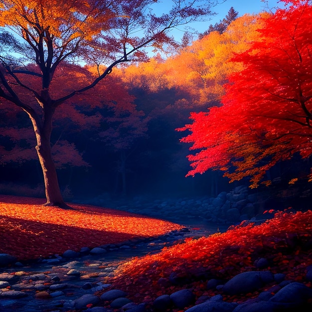 A vibrant autumn landscape with a blue slate background aigenerated