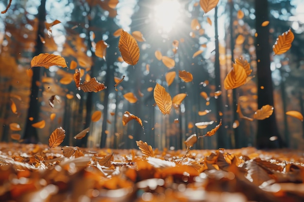 Vibrant autumn leaves falling gently to the ground in a peaceful forest setting closeup