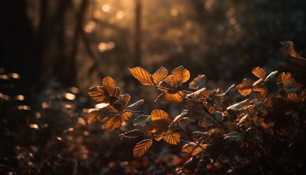 Vibrant autumn leaves on forest tree branch generated by AI