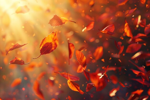 Vibrant autumn leaves swirling in the wind