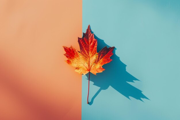 Photo vibrant autumn maple leaf with shadow on dual colored background