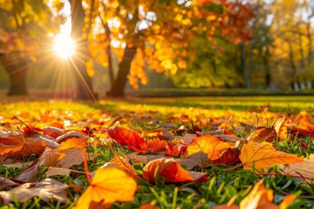 A vibrant autumn scene in a park at sunrise showcasing a carpet of colorful fallen leaves