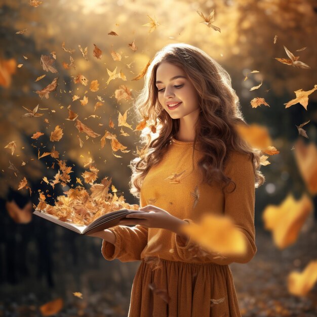 Vibrant Autumn Serenity A Mesmerizing 8K Photorealistic Portrait of a Woman Handing a Book amidst a