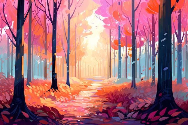 A vibrant autumnal forest with a lonely wooden swing