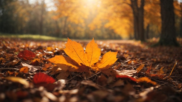 秋の風景 片葉が前面に光に照らされた