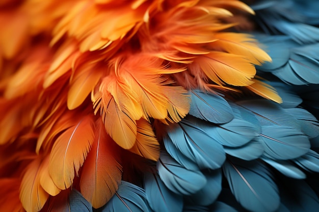 Vibrant avian azure and tangerine plumes adorning the lush foliage