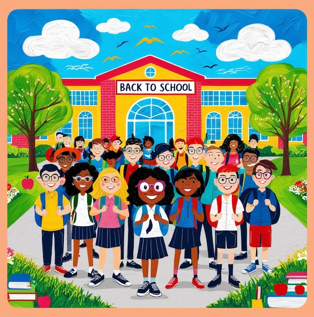 a vibrant back to school illustration featuring a diverse group of excited students
