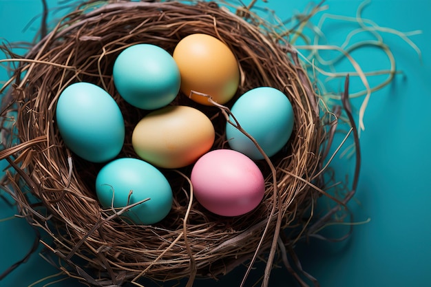 Vibrant background with colorful Easter eggs in a nest