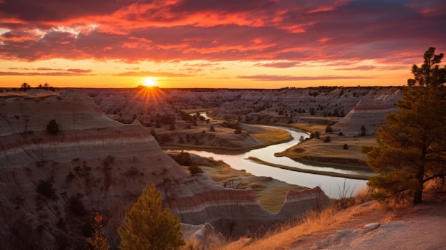 Foto vibranti badlands sunset un affascinante paesaggio rurale con una sublime natura selvaggia