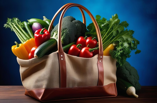 A vibrant bag of assorted fresh vegetables against a bold blue background perfect for healthy eating concepts Generative AI