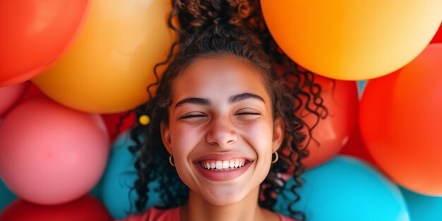 Photo vibrant balloons add to the joy of a happy girl inspiring creative captions