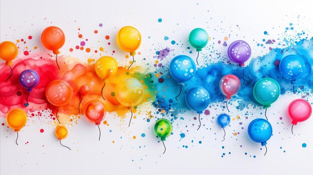 Photo vibrant balloons with color splashes on white background