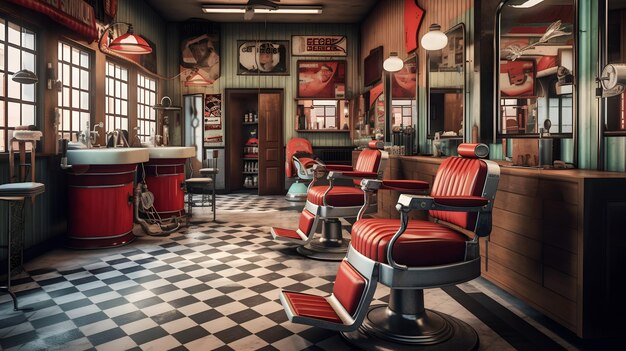 Photo vibrant barber shop with checkered floor and red chairs perfect stock imag