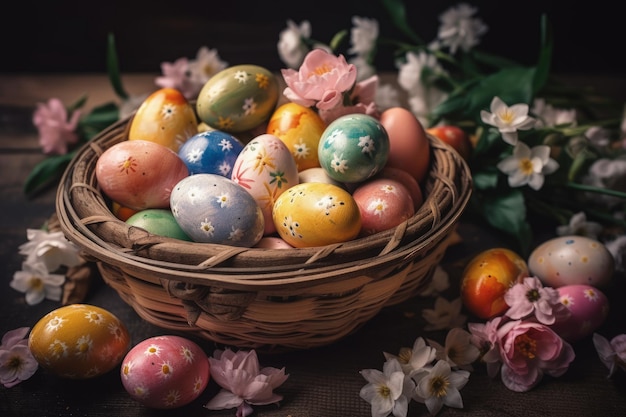 Vibrant basket overflowing with painted Easter eggs Generative AI