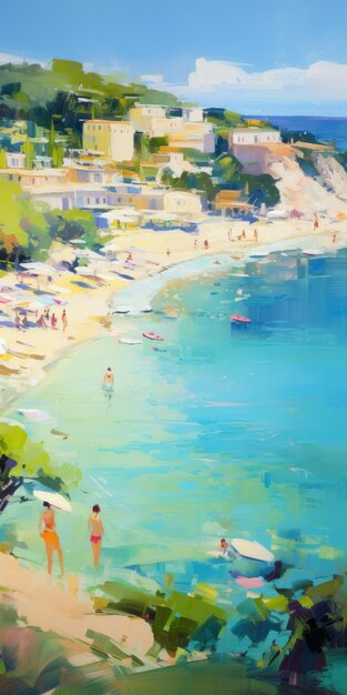 Vibrant Beach Painting With Soft Impressionism Style