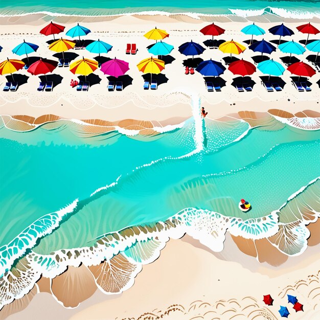 a vibrant beach scene with crystal clear turquoise water white sand and colorful umbrellas