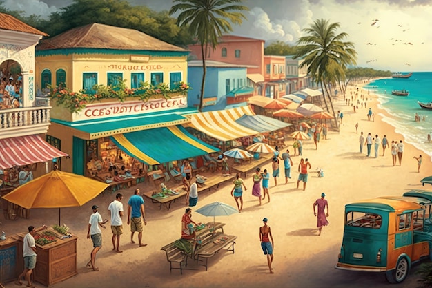 Vibrant beach town with colorful market stalls and bustling crowds