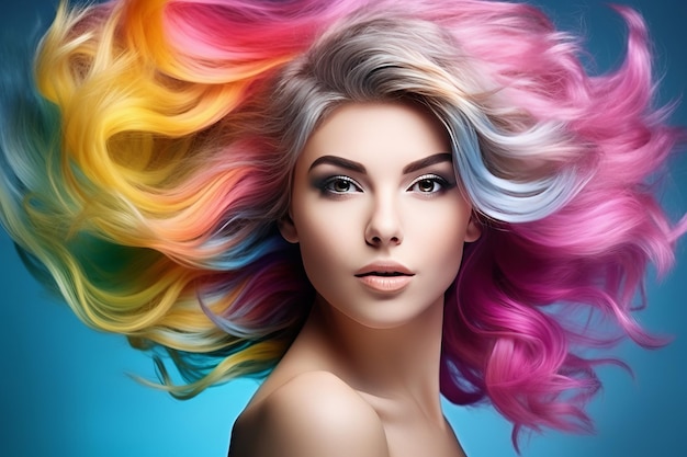 Vibrant beauty fashion model with colorful dyed hair shines in a 32 ar shot