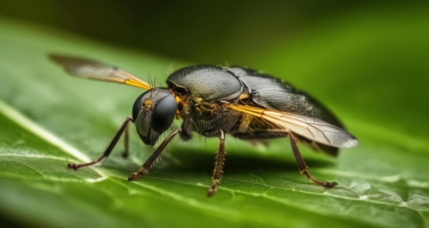 Vibrant bee on a leafy green stage