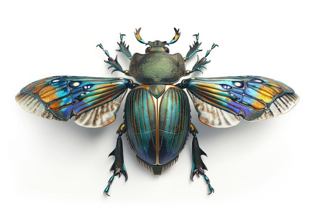 写真 白い背景のカラフルな翼を持つ活気のある甲虫教育用素材や自然をテーマにしたデザインに最適です