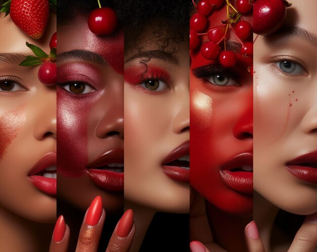 Vibrant Berry Tones Makeup MultiEthnic Women Beauty Panels