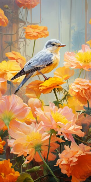 Photo vibrant bird among orange flowers hyperrealistic oil painting