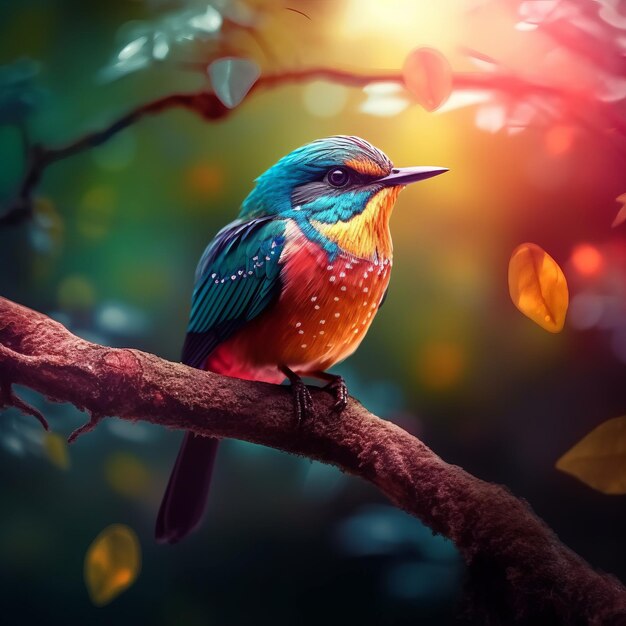 Vibrant bird is sitting on the tree branch Beautiful illustration picture Generative AI