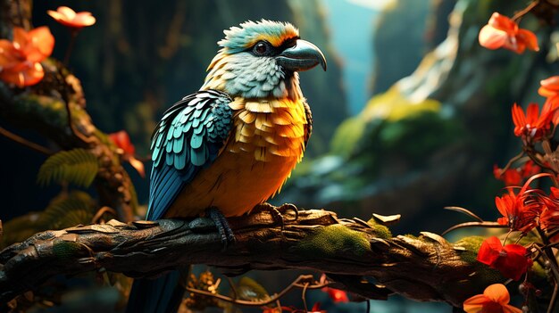 Vibrant bird perching on branch in rainforest