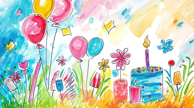 Vibrant Birthday Bliss A Whimsical Watercolor Scene with Balloons Cake and Nature Magic