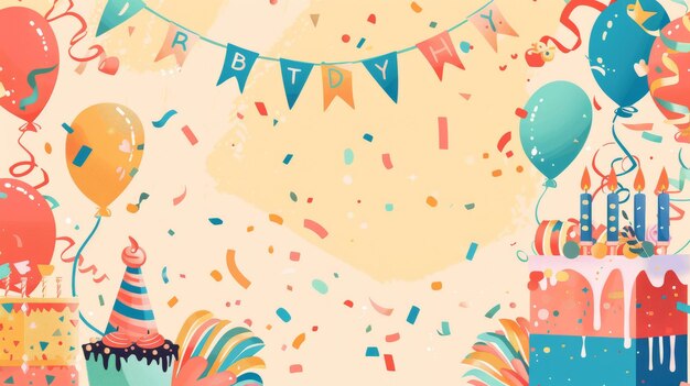 Photo a vibrant birthday celebration background with cake balloons and confetti