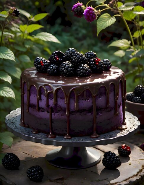 Photo vibrant blackberry cake in garden