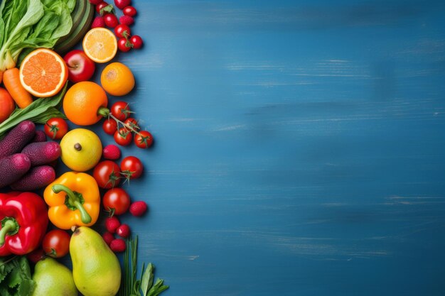 Vibrant blend a feast for the eyes assorted fruits and vegetables on a blue plank background