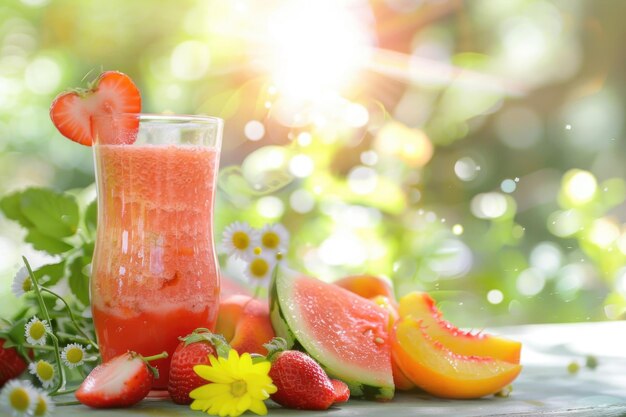 Photo a vibrant blend of fresh strawberries watermelon peaches and orange juice