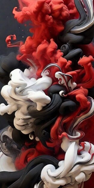 A vibrant blend of red and black ink swirling gracefully on a sleek black surface